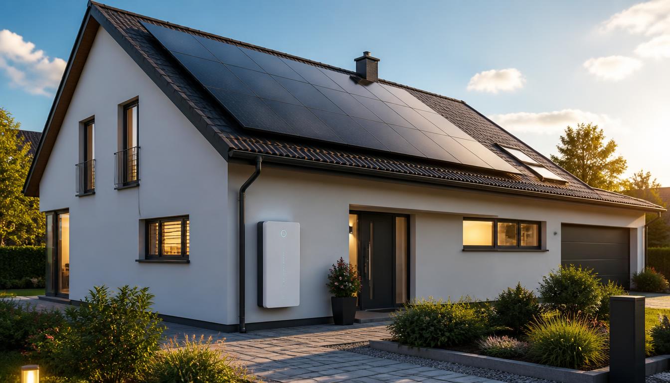 Modernes Einfamilienhaus mit Photovoltaikanlage und Stromspeicher an der Hauswand